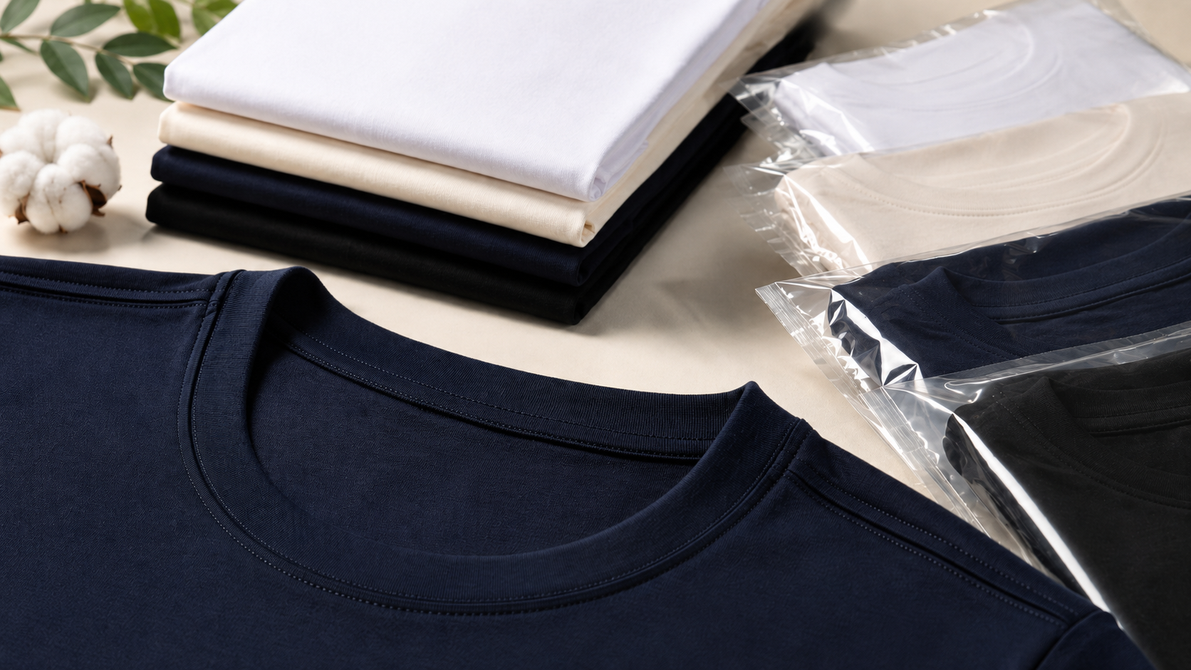 Detalhes de gola, costura, camisetas dobradas e embaladas